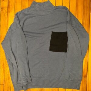 Peace Love World Blue Turtleneck Sweater with Black Pocket